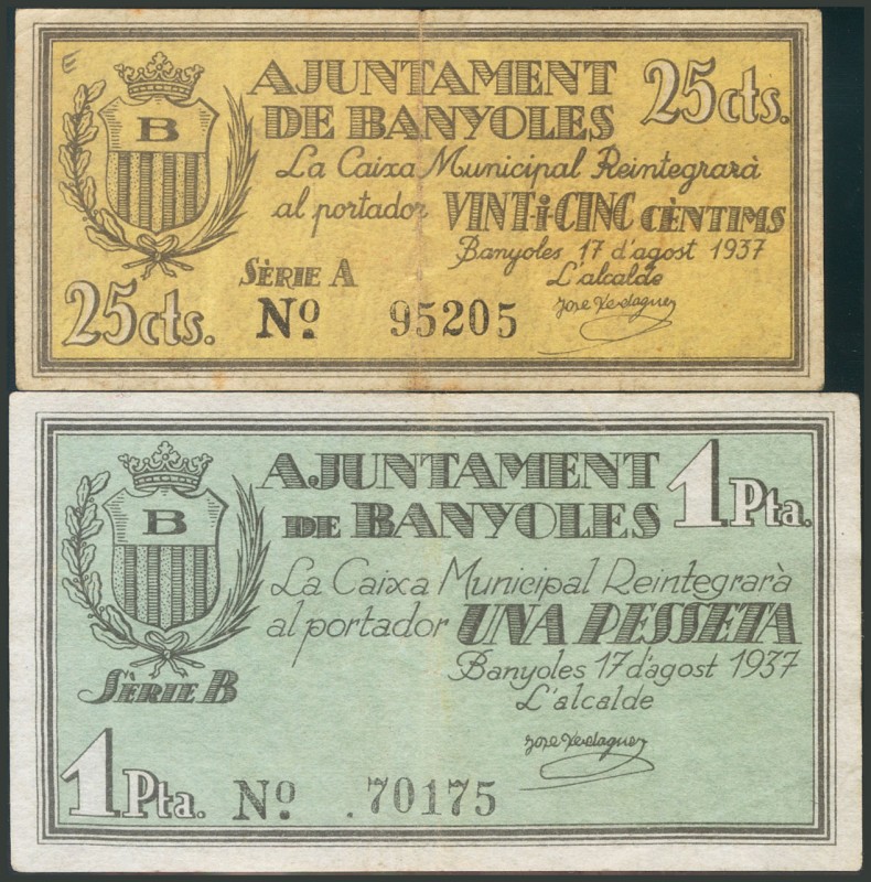 BANYOLES (GERONA). 25 Cents and 1 Peseta. August 17, 1937. Series A and B. (Gonz...