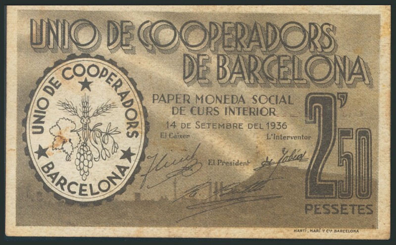 BARCELONA. 2\u00b450 Pesetas. September 14, 1936. (Gonz\u00e1lez: 6882). F.