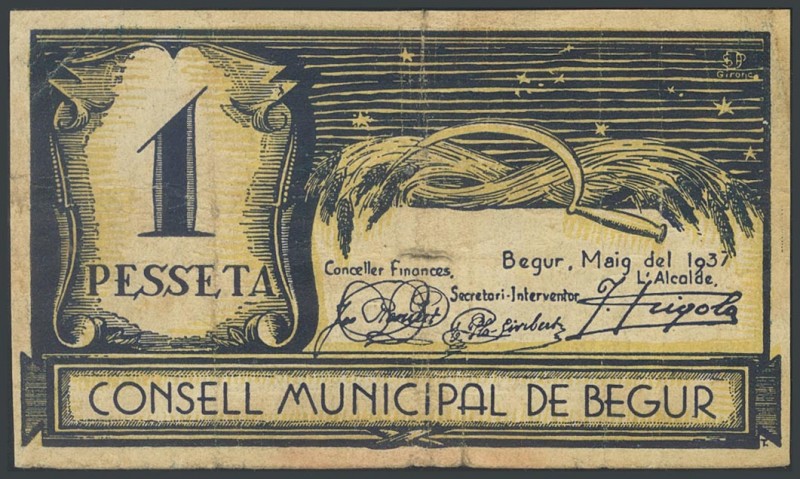 BEGUR (GERONA). 1 peseta. June 1937. (Gonz\u00e1lez: 6943). Presence of adhesive...