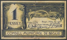 BEGUR (GERONA). 1 peseta. June 1937. (Gonz\u00e1lez: 6943). Presence of adhesive tape. G.