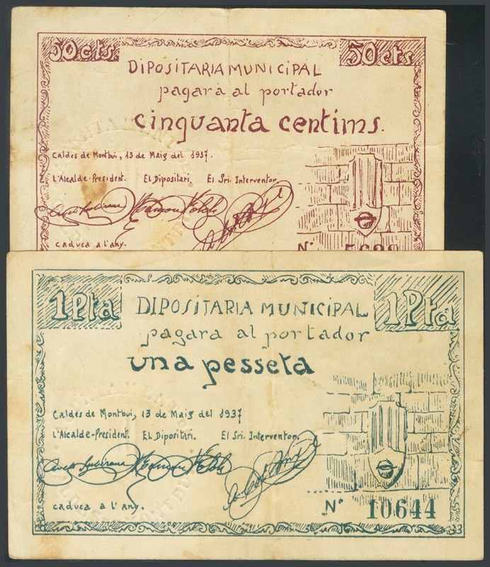 CALDES DE MONTBUI (BARCELONA). 50 Cents and 1 Peseta. May 1937. (Gonz\u00e1lez: ...