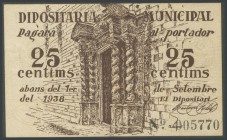 CALDES DE MONTBUI (BARCELONA). 25 cents. August 1937. (Gonz\u00e1lez: 7283). VF.