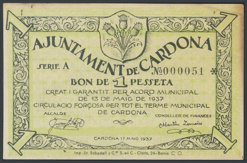 CARDONA (BARCELONA). 1 peseta. May 17, 1937. Series A, low numbering. (Gonz\u00e...