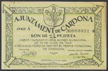 CARDONA (BARCELONA). 1 peseta. May 17, 1937. Series A, low numbering. (Gonz\u00e1lez: 7393). F.