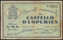CASTELLO D\u00b4EMPURIES (GERONA). 1 peseta. April 1937. Series A. (Gonz\u00e1lez: 7484). G.