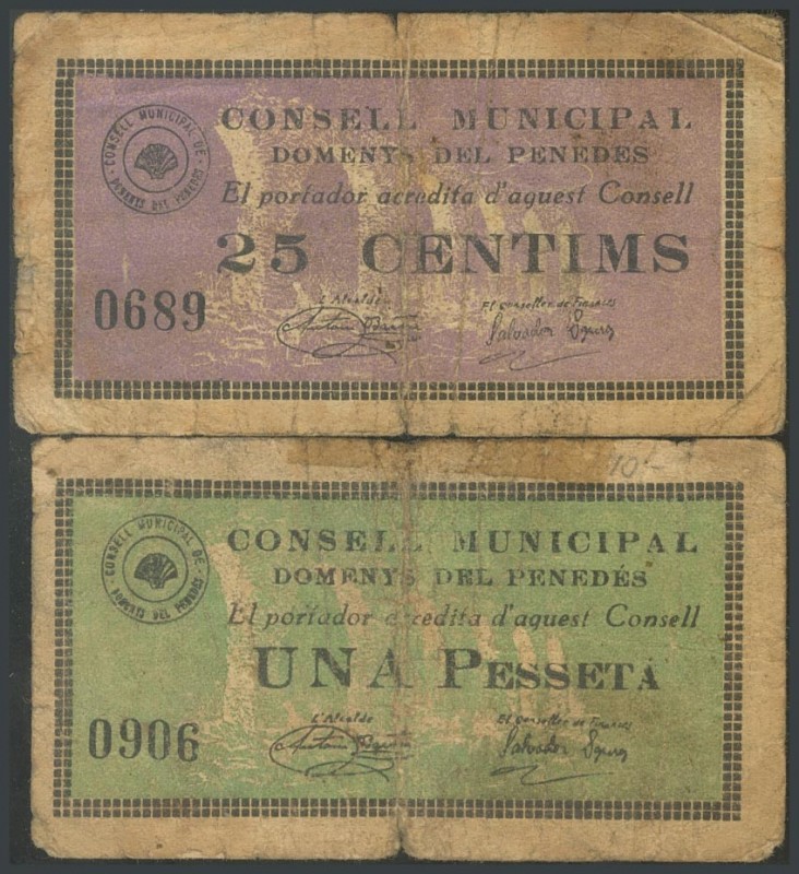 DOMENYS DEL PENEDES (TARRAGONA). 25 Cents and 1 Peseta. September 1937. (Gonz\u0...