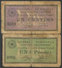 DOMENYS DEL PENEDES (TARRAGONA). 25 Cents and 1 Peseta. September 1937. (Gonz\u00e1lez: 7715\/16). FR2.