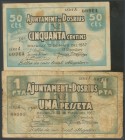 DOSRIUS (BARCELONA). 50 Cents and 1 Peseta. May 12, 1937. Series A, both. (Gonz\u00e1lez: 7721\/22). Rare F\/ G.