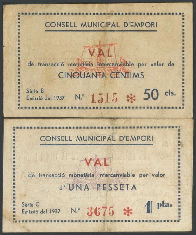 EMPORI (GERONA). 50 Cents and 1 Peseta. April 1, 1937. Series B and C, respectiv...