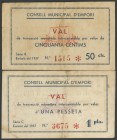 EMPORI (GERONA). 50 Cents and 1 Peseta. April 1, 1937. Series B and C, respectively. (Gonz\u00e1lez: 7737, 7738). VF.