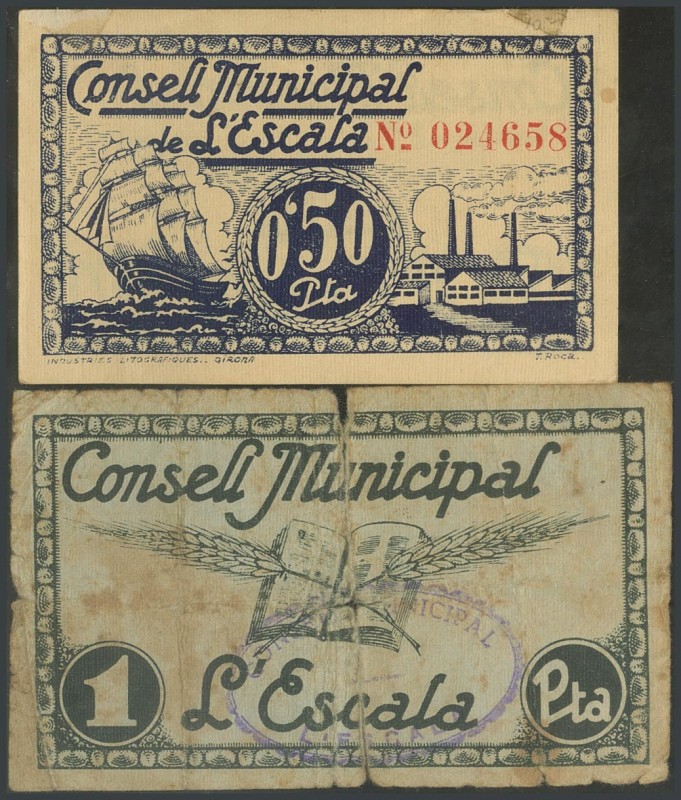 ESCALA (GERONA). 50 Cents and 1 Peseta. April 1937. (Gonz\u00e1lez: 7740\/41). A...