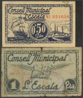 ESCALA (GERONA). 50 Cents and 1 Peseta. April 1937. (Gonz\u00e1lez: 7740\/41). AU\/ FR2.
