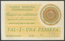 ESPARRAGUERA (BARCELONA). 1 peseta (with printing on the back of the face value). March 1937. (Gonz\u00e1lez: 7747). AU.