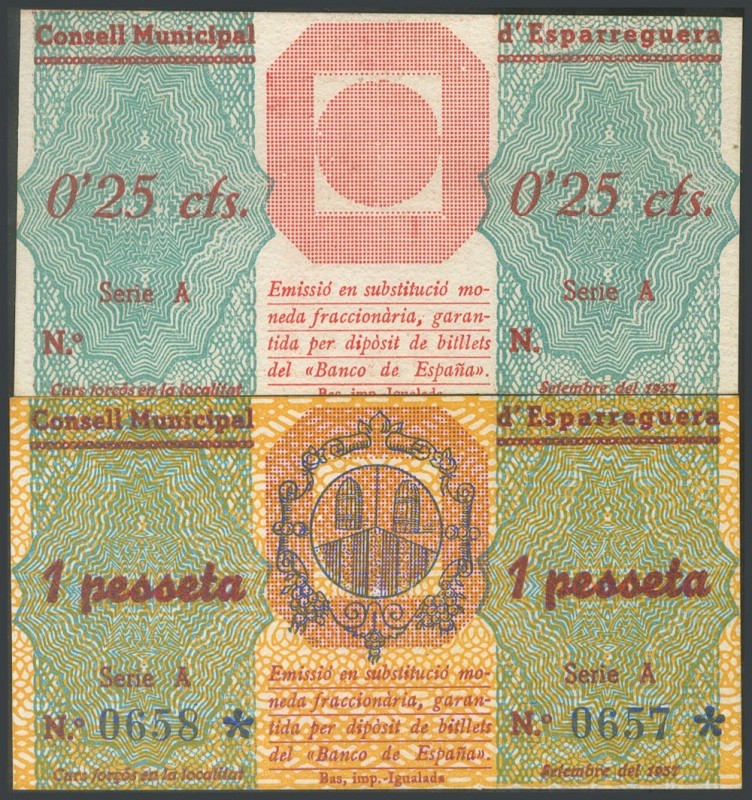 ESPARREGUERA (BARCELONA). 25 Cents and 1 Peseta. September 1937. Series A, both....