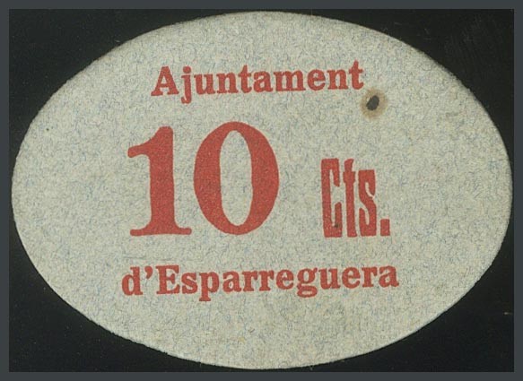 ESPARREGUERA (BARCELONA). 10 cents. (1938ca). (Gonz\u00e1lez: 7754). Very rare. ...