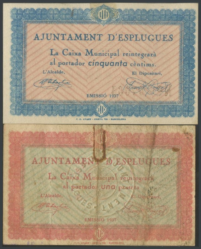 ESPLUGUES DE LLOBREGAT (BARCELONA). 50 Cents and 1 Peseta. 1937. (Gonz\u00e1lez:...