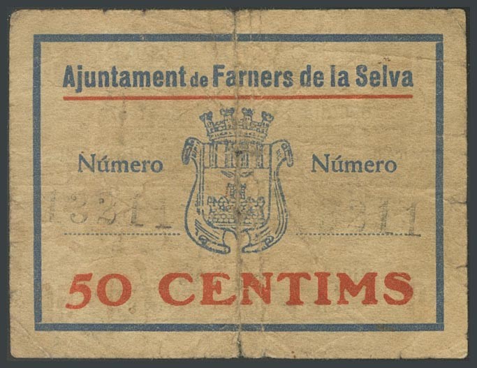 FARNES DE LA SELVA (GERONA). 50 Cents. June 3, 1937. (Gonz\u00e1lez: 7829). G.