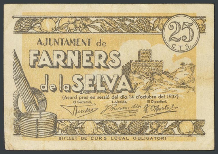 FARNERS DE LA SELVA (GERONA). 25 cents. October 14, 1937. (Gonz\u00e1lez: 7830)....