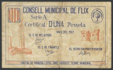 FLIX (TARRAGONA). 1 peseta. May 1937. Series A. (Gonz\u00e1lez: 7885). Rare. G.