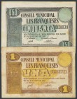 LES FRANQUESES (BARCELONA). 50 Cents and 1 Peseta. June 5, 1937. (Gonz\u00e1lez: 7930, 7931). F.