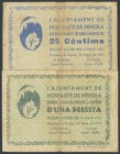 HOSTALETS DE PIEROLA (BARCELONA). 25 Cents and 1 Peseta. May 1937. (Gonz\u00e1lez: 8228, 8230). F.