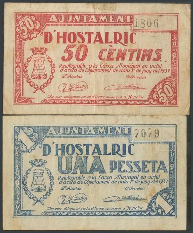 HOSTALRIC (GERONA). 50 Cents and 1 Peseta. June 1937. (Gonz\u00e1lez: 8232\/33)....