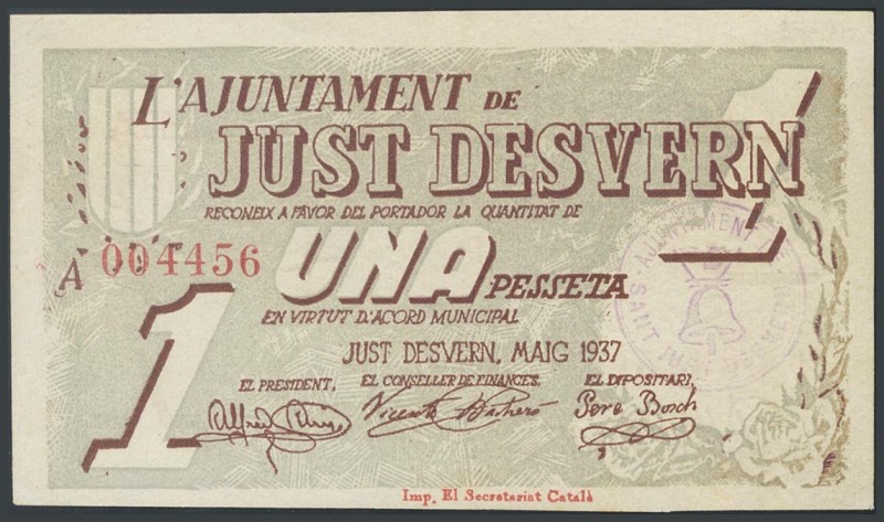 JUST DESVERN (BARCELONA). 1 peseta. May 1937. Series A. (Gonz\u00e1lez: 8301). A...