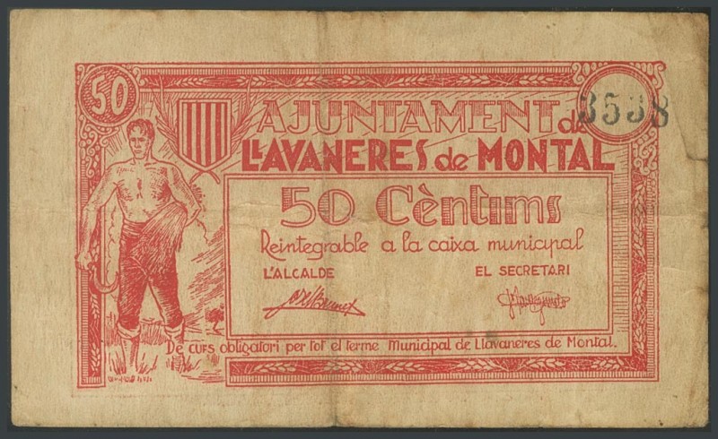 LLAVANERES DE MONTAL (BARCELONA). 50 Cents. (1938ca). (Gonz\u00e1lez: 8351). VG.