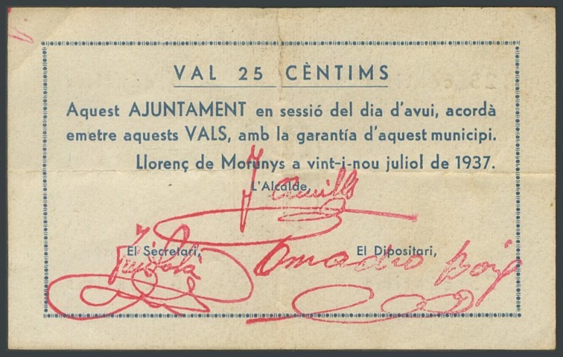 LLORENS DE MORUNYS (LERIDA). 25 cents. May 29, 1937. (Gonz\u00e1lez: 8426). Rare...