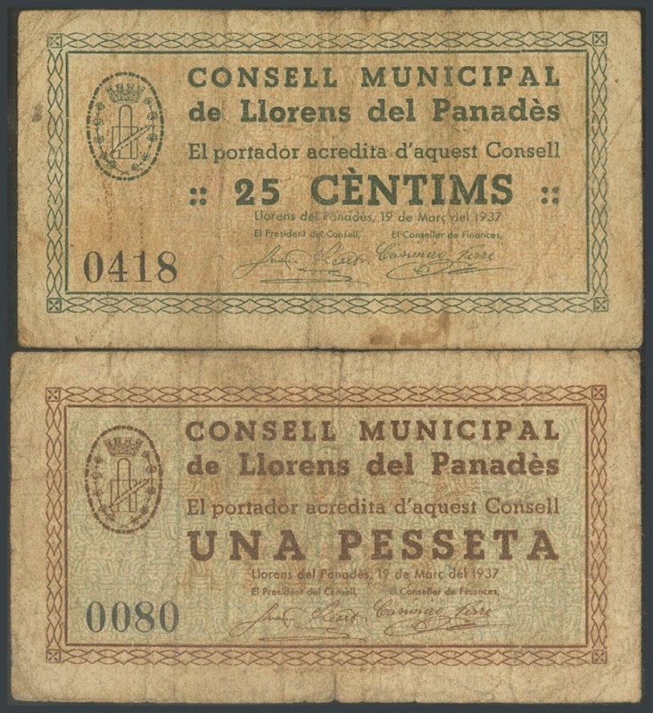 LLORENS DEL PENEDES (TARRAGONA). 25 Cents and 1 Peseta. March 1937. (Gonz\u00e1l...