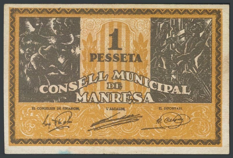 MANRESA (BARCELONA). 1 peseta. (1938ca). Series B. (Gonz\u00e1lez: 8495). AU.