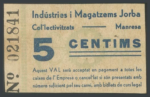 MANRESA (BARCELONA). 5 Cents. (1938ca). (Gonz\u00e1lez: 8528). Very rare. AU.