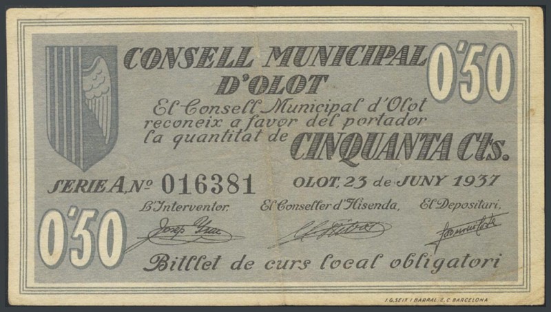 OLOT (GERONA). 50 Cents. June 23, 1937. Series A. (Gonz\u00e1lez: 8952). F.