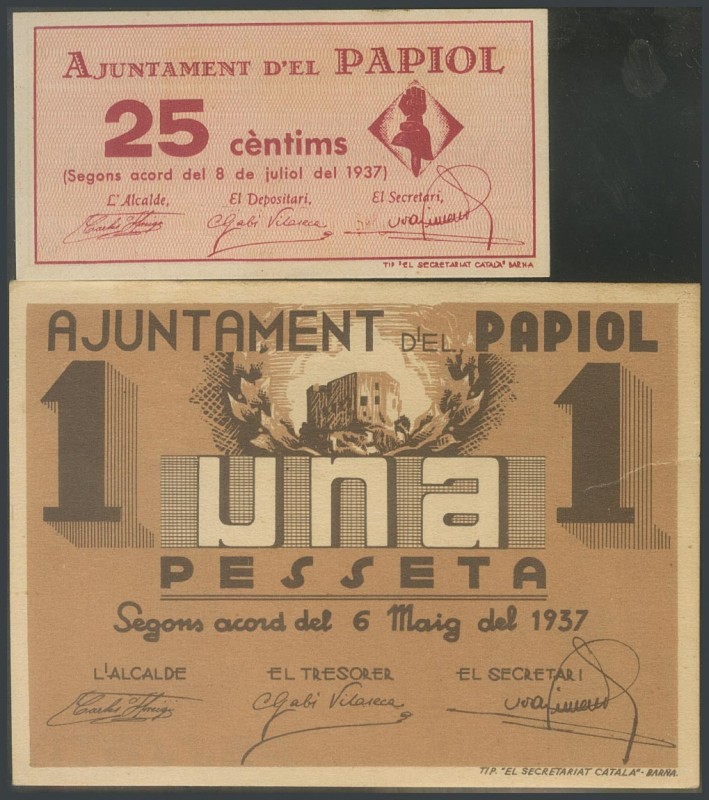 PAPIOL (BARCELONA). 25 Cents and 1 Peseta. July 8, 1937 and May 6, 1937. (Gonz\u...