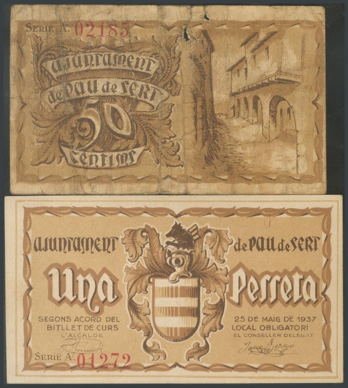 PAU DE SERT (GERONA). 50 Cents and 1 Peseta. May 25, 1937. Series A, both. (Gonz...