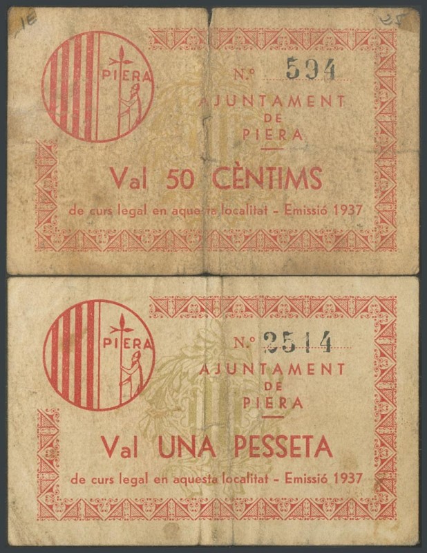 PIERA (BARCELONA). 50 Cents and 1 Peseta. 1937. (Gonz\u00e1lez: 9210\/11). The 1...