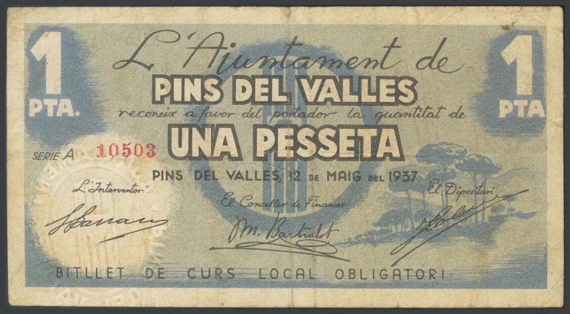 PINS DEL VALLES (BARCELONA). 1 peseta. May 12, 1937. Series A. (Gonz\u00e1lez: 9...