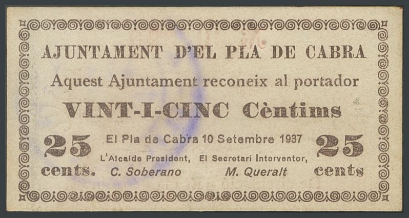 PLA DE CABRA (TARRAGONA). 25 cents. September 10, 1937. (Gonz\u00e1lez: 9249). R...