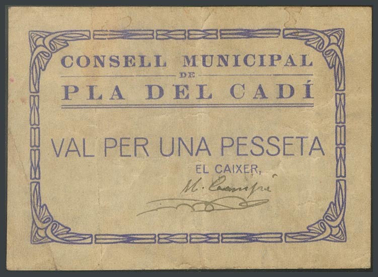 PLA DEL CADI (LERIDA). 1 peseta. (1938ca). (Gonz\u00e1lez: 9259). Very rare. VF.