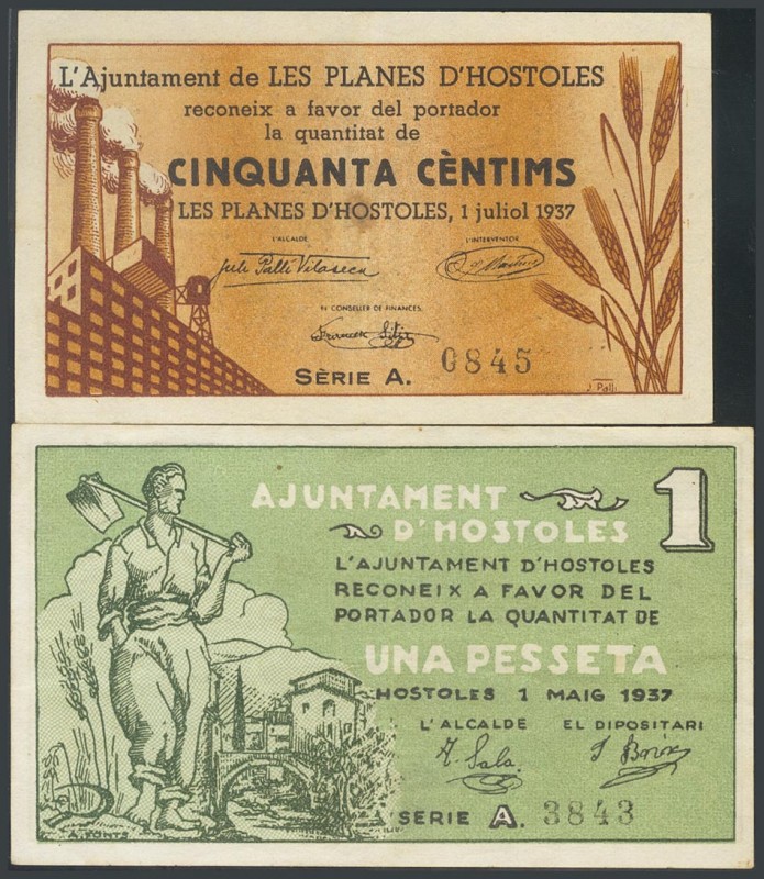 LES PLES D\u00b4HOSTOLES (GERONA). 50 Cents and 1 Peseta. July 1, 1937. Series A...