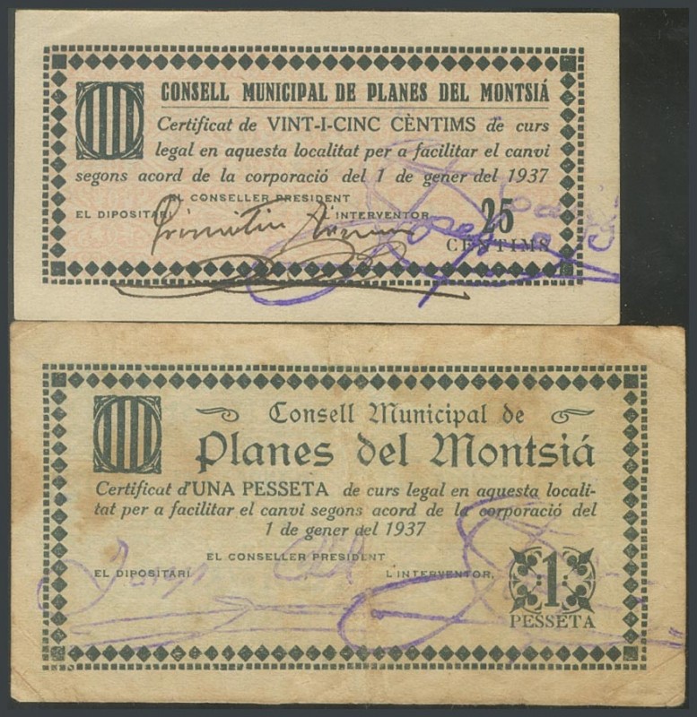 PLANS OF MONTSIA (TARRAGONA). 25 Cents and 1 Peseta. January 1, 1937. (Gonz\u00e...