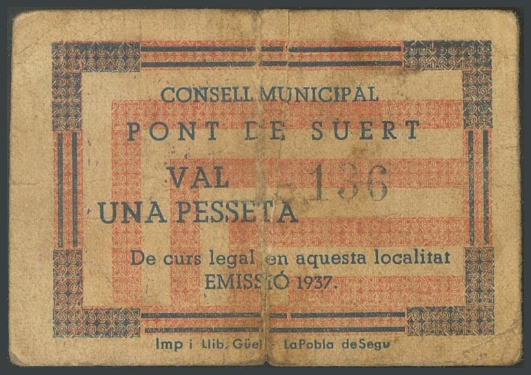 PONT DE SUERT (LERIDA). 1 peseta. 1937. (Gonz\u00e1lez: 9380). Rare. FR2.