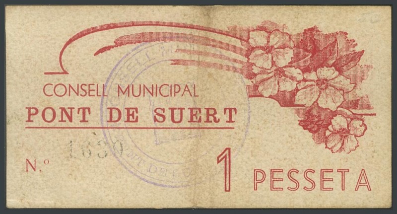 PONT DE SUERT (LERIDA). 1 peseta. (1937ca). (Gonz\u00e1lez: 9384). Rare. F.