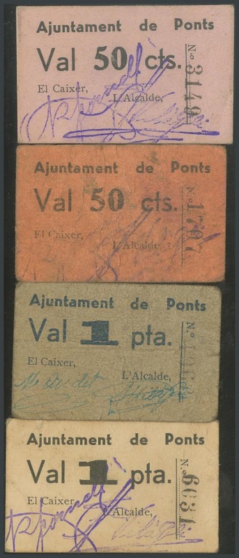 PONTS (LERIDA). 50 Cents (the two types) and 1 Peseta (two of the three types). ...