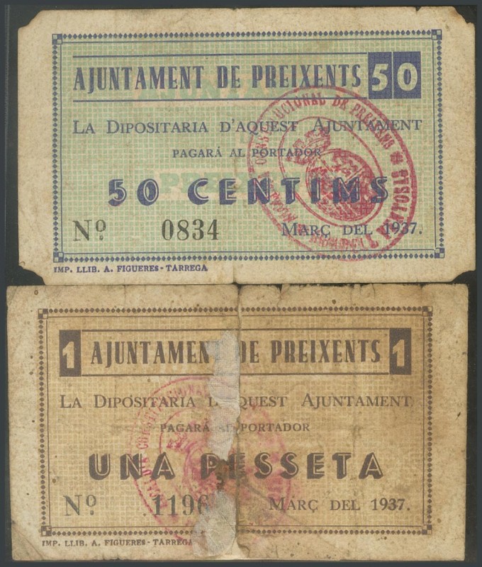 PREIXENTS (LERIDA). 50 Cents and 1 Peseta. March 1937. (Gonz\u00e1lez: 9447\/48)...