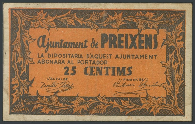 PREIXENS (LERIDA). 25 cents. (1937ca). (Gonz\u00e1lez: 9449). Very rare. F.