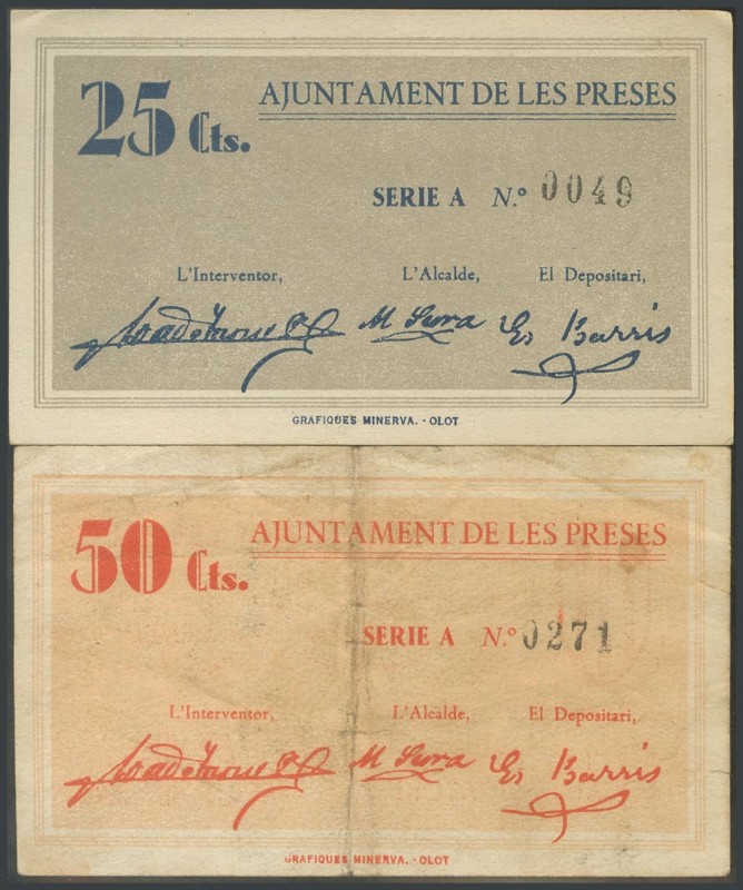 PRESES (GERONA). 25 Cents and 50 Cents. August 14, 1937. Series A, both. (Gonz\u...