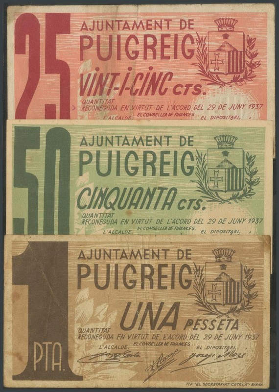 PUIGREIG (BARCELONA). 25 Cents, 50 Cents and 1 Peseta. June 29, 1937. (Gonz\u00e...