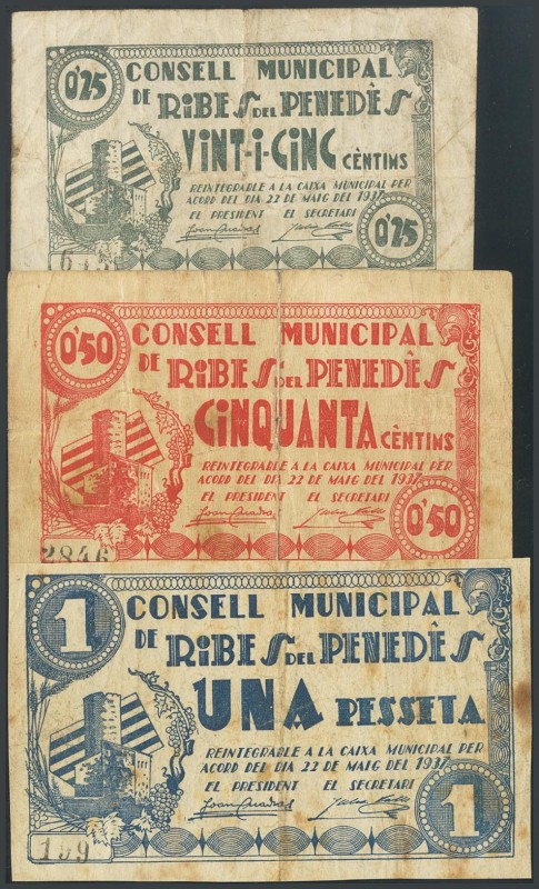 RIBES DEL PENEDES (BARCELONA). 25 Cents, 50 Cents and 1 Peseta. May 22, 1937. (G...