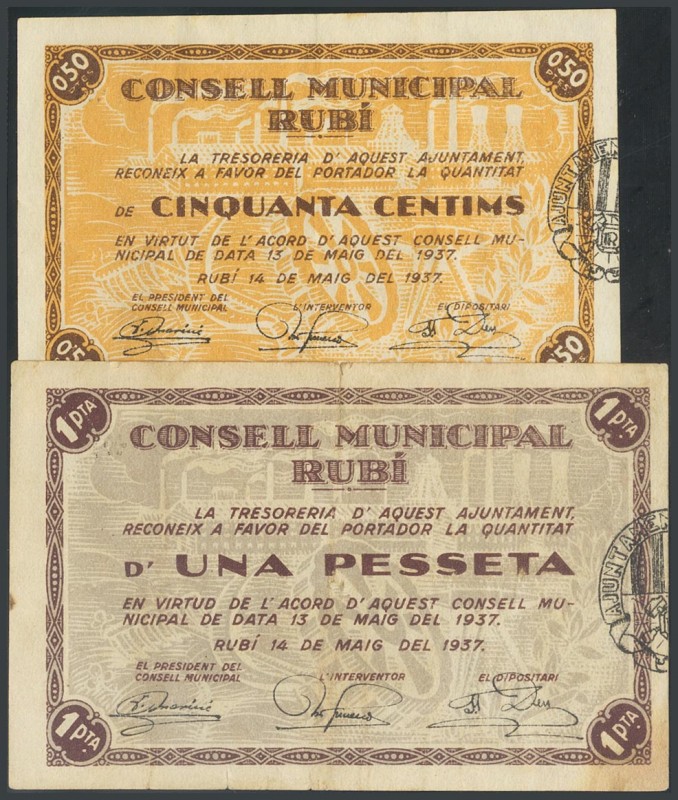 RUBI (BARCELONA). 50 Cents and 1 Peseta. May 13, 1937. Series A, both. (Gonz\u00...